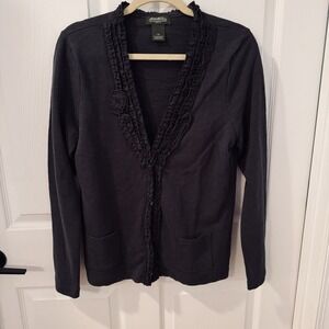 Eddie Bauer Womens Cardigan Sweater Pocket Floral Ruffle‎ Button Front Blue Sz L